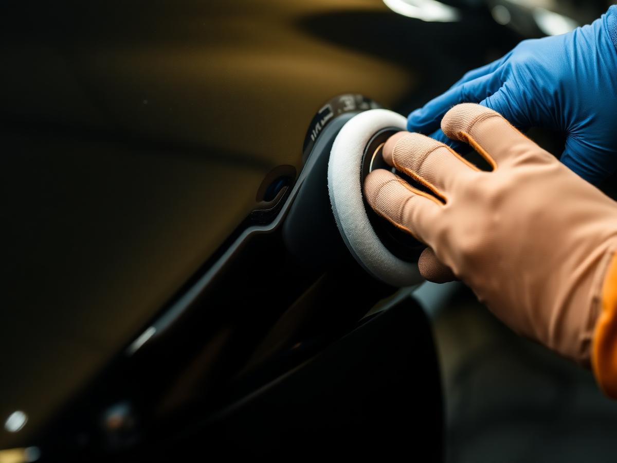 Detailer machine-polishing a glossy black car panel to a mirror finish